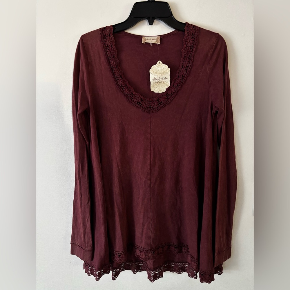 Altar’d State Brick Red Long Sleeve Boho Fall Tunic Top Crochet detail small